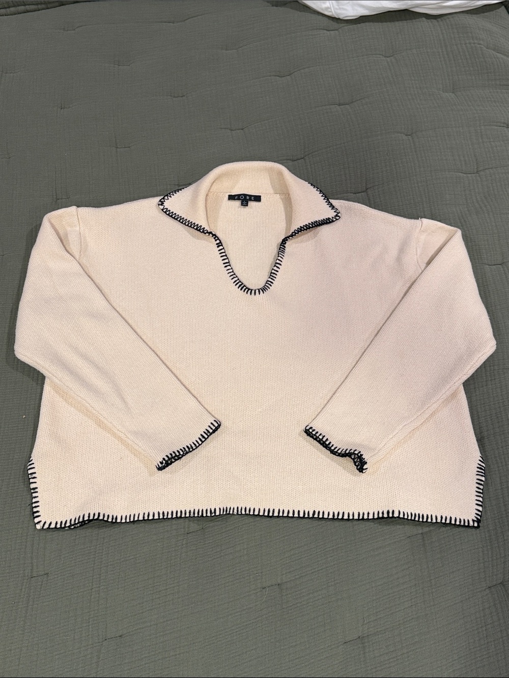 FORE Cream V-Neck Sweater with Black Whip Stitching - Size Large - Orig. $119